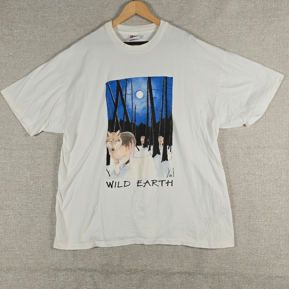 VTG 1995 Human-i-Tees Wolf T Shirt XXL Wild Earth Hanes Heavyweight 90s White